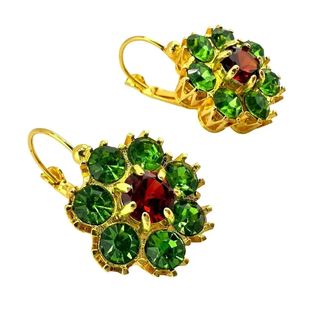 Green Glass Rhinestone Vivid Red Center Flowers Gold Tone 1